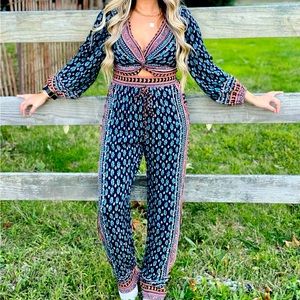 ANGIE - Multi Print Jumpsuit - Navy/Blue/Pink/ Orange - Size Large